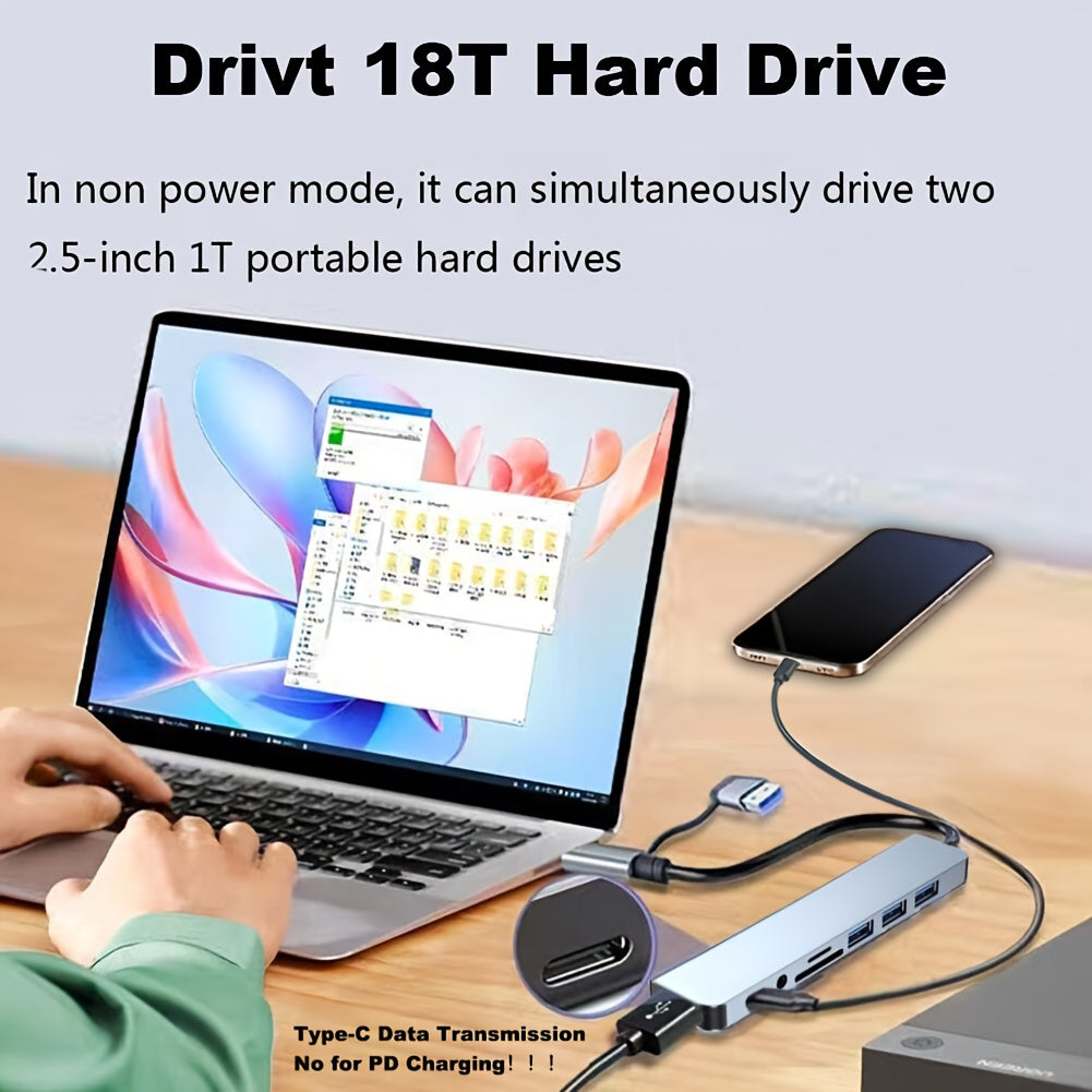 Multifunctional USB &amp; Type-C hub, with USB 3.0, USB-C, SD/TF and 3.5mm audio, versatile docking station for smartphones, tablets and computers.