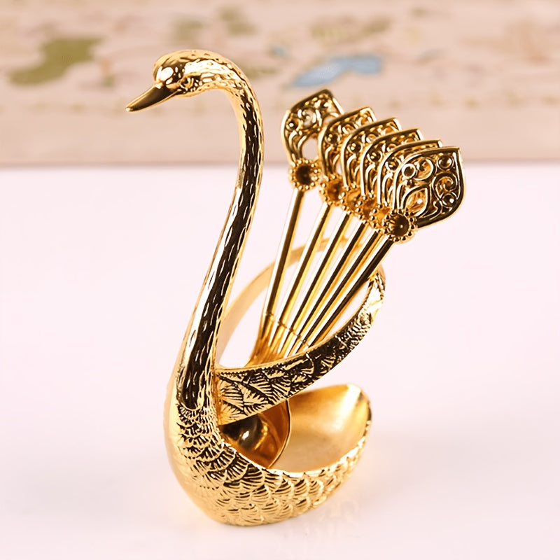 Gold and Silver Alloy Spoon Set: Elegant, rustproof and durable, with decorative swan stand, ideal for cafes, desserts, restaurants or gifts.