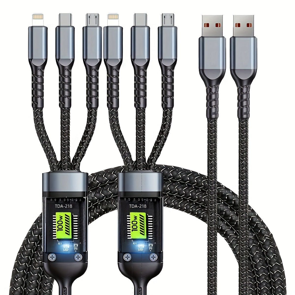 3-in-1 multi-USB charging cable, braided nylon, Type-C and Micro USB ports, fast charging, compatible with phones and tablets, convenient and durable.