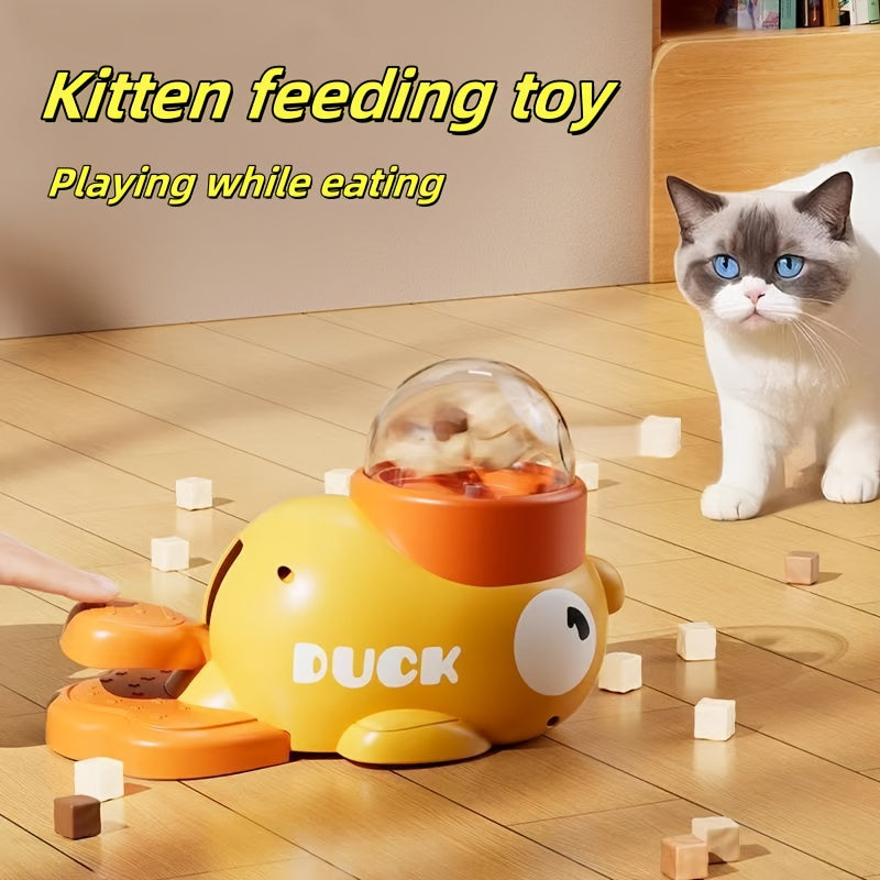 Jouet distributeur de nourriture interactif pour chats. Design canard, sans batterie, en plastique durable, idéal pour jeu et entraînement intérieur/extérieur.