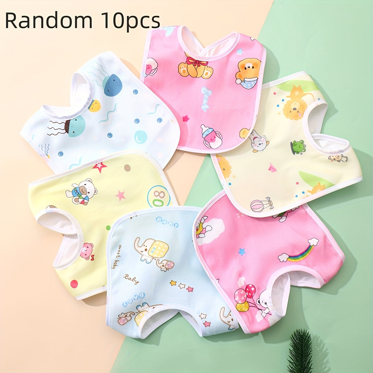 Random set of 8 or 10 crystal velvet bibs, pink and blue, U-shaped with pocket, ideal for baby meals.