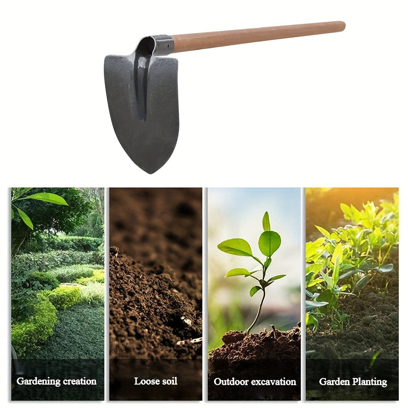 Bêche de jardin en acier manganèse robuste, lame triangulaire épaissie, idéale pour creuser, aménagement paysager et désherbage professionnel.