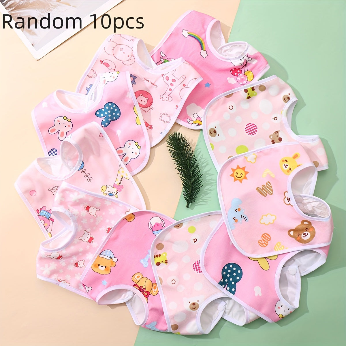 Random set of 8 or 10 crystal velvet bibs, pink and blue, U-shaped with pocket, ideal for baby meals.