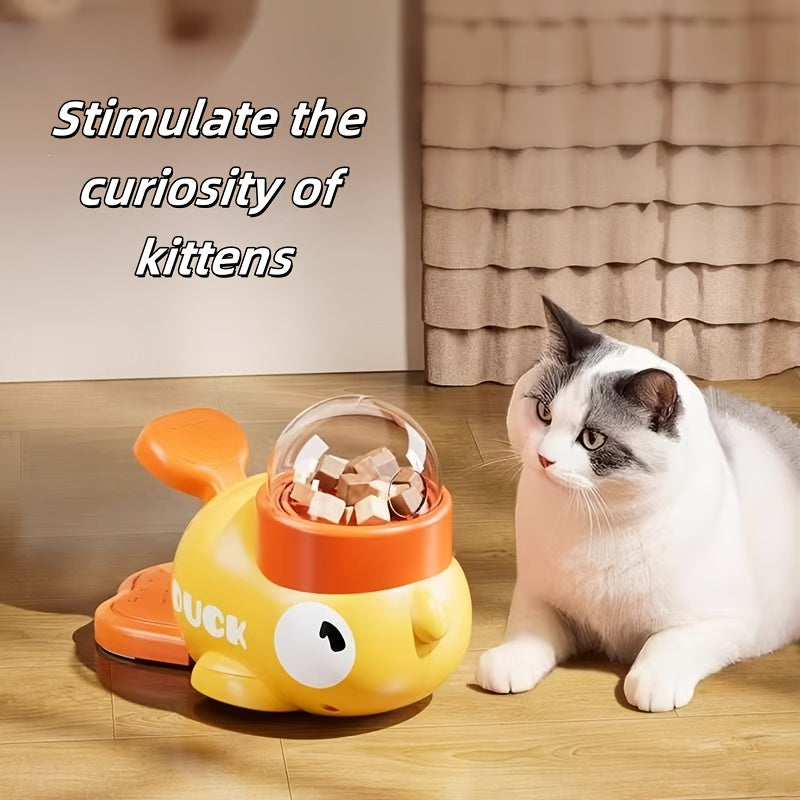 Jouet distributeur de nourriture interactif pour chats. Design canard, sans batterie, en plastique durable, idéal pour jeu et entraînement intérieur/extérieur.