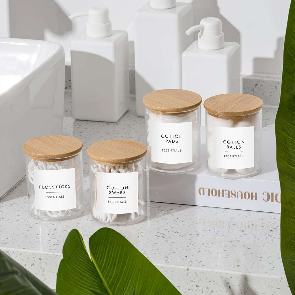 Lot de 4 pots transparents de 10 oz avec couvercles, idéal pour cotons, maquillage et accessoires de salle de bain.