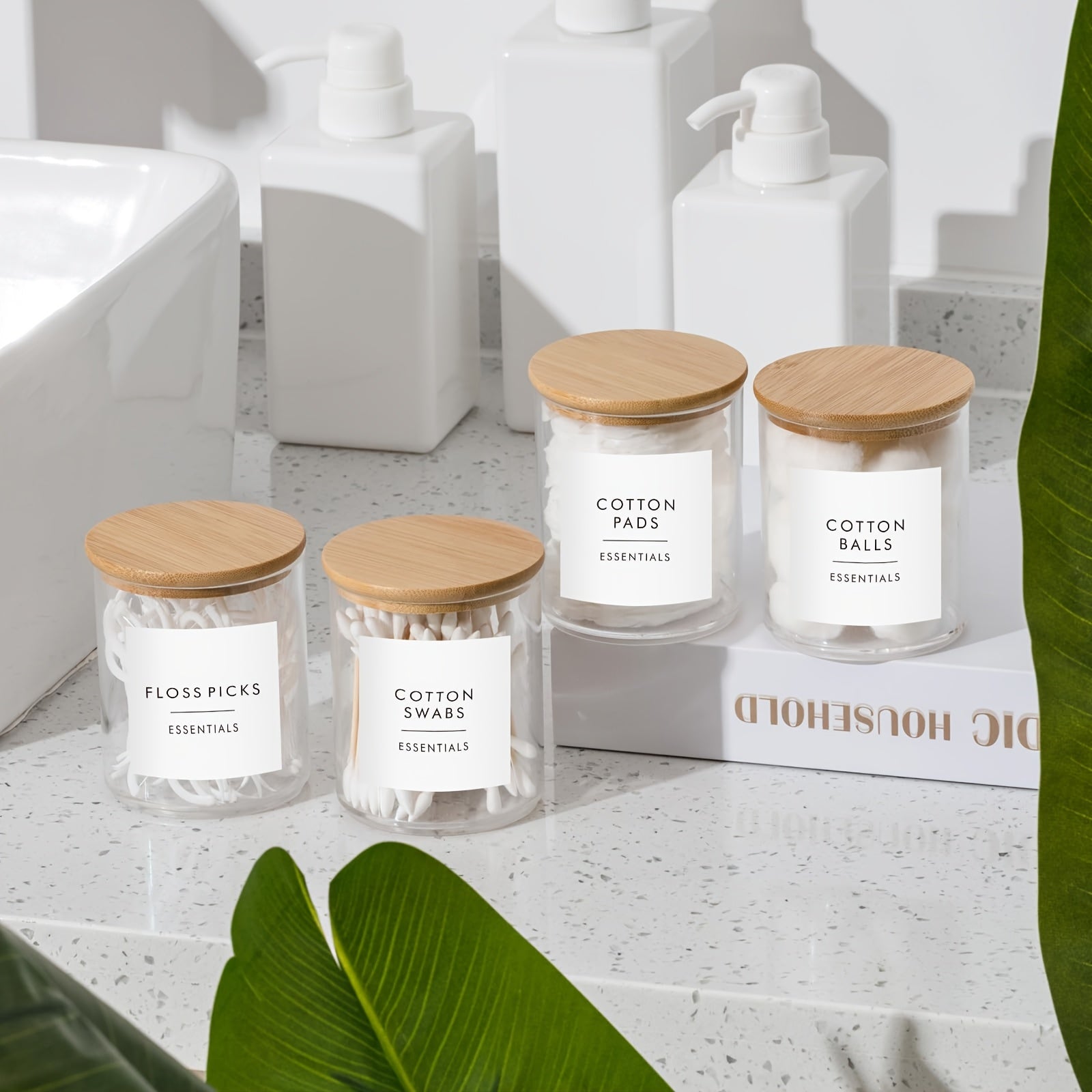 Lot de 4 pots transparents de 10 oz avec couvercles, idéal pour cotons, maquillage et accessoires de salle de bain.