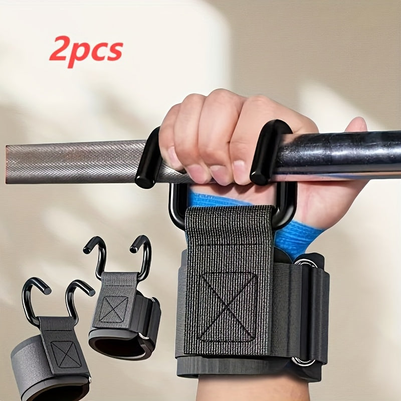 Set of 2 lifting hooks with adjustable wrist support bands, ideal for deadlifts, pull-ups and dumbbells, assistance for all levels.