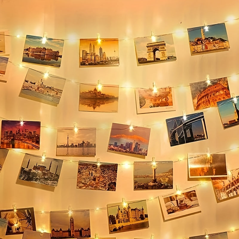 Guirlande lumineuse photo 10 m, 100 LED Fil cuivre avec 40 pinces, idéale pour chambres, fêtes, mariages, bars ou décoration murale, fonctionne sur piles.