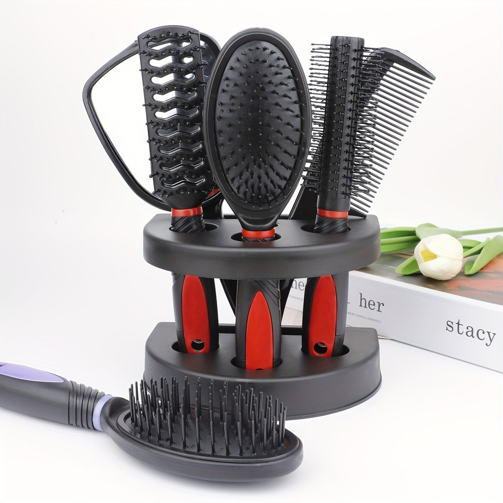 Set coiffure professionnel 5 pièces : brosses démêlantes, peignes massage cuir chevelu et miroir, parfait pour styling complet.