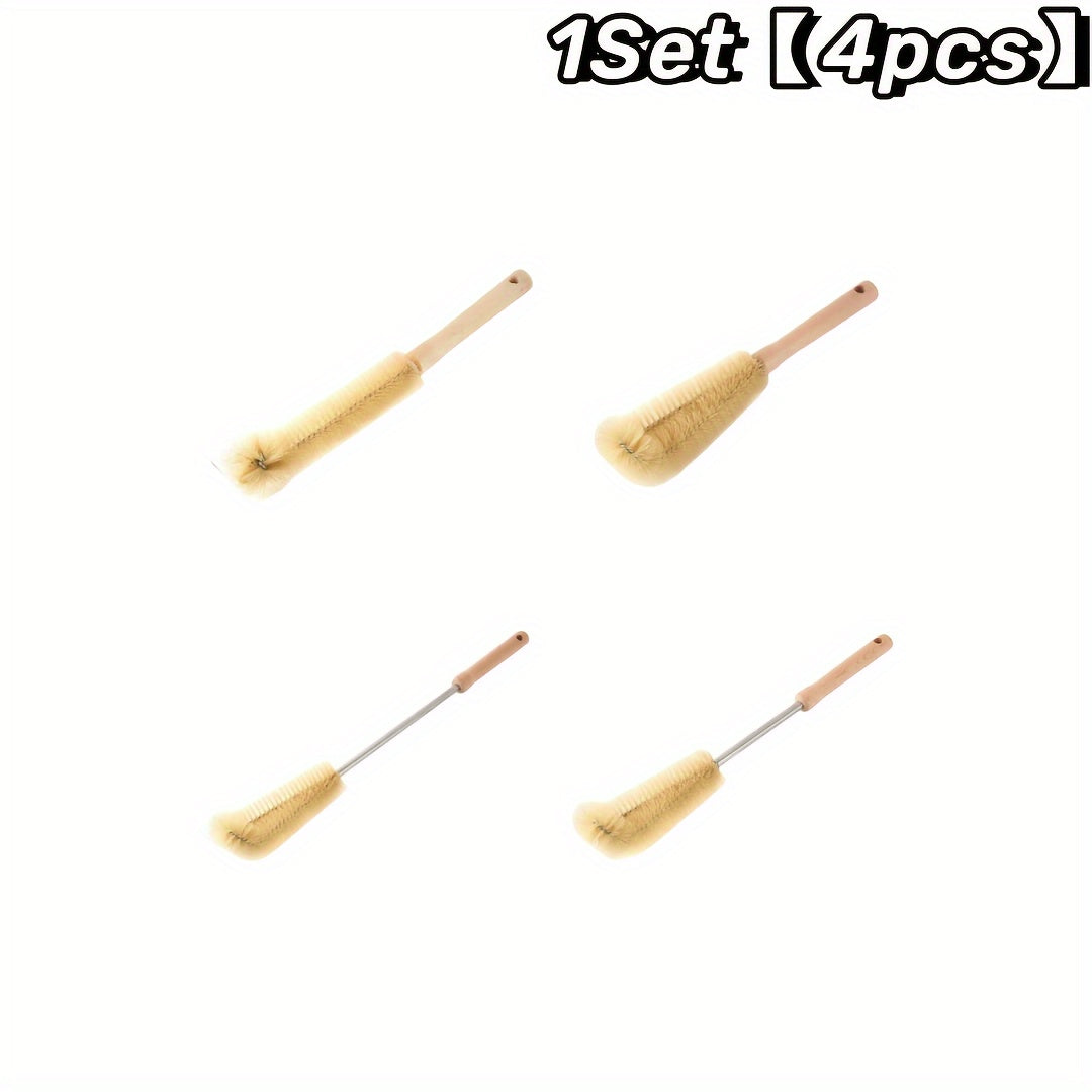 Set de 4 Brosses de Nettoyage Multi-Tailles : Poignées bois, réutilisables et ergonomiques, idéales cuisine, bouteilles et ménage, avec brosse longue à trou de suspension.