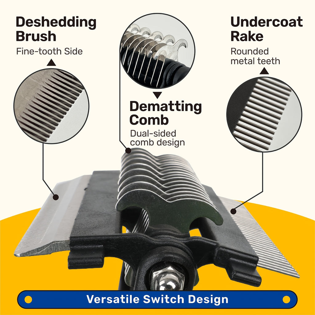 Outil de toilettage 3-en-1 pour animaux. Râteau sous-poil, brosse slicker, peigne démêlant pour poils longs et courts, idéal pour chiens et chats.