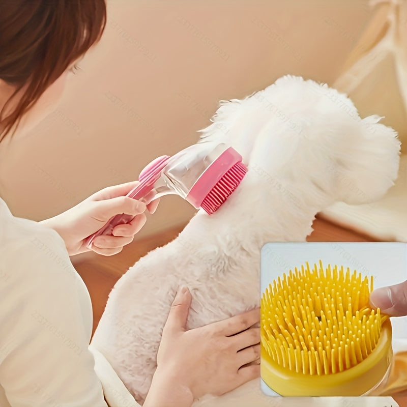 Brosse de bain douce pour chiens et chats, avec distributeur savon/shampoing, massage et nettoyage adaptés poils longs et courts.