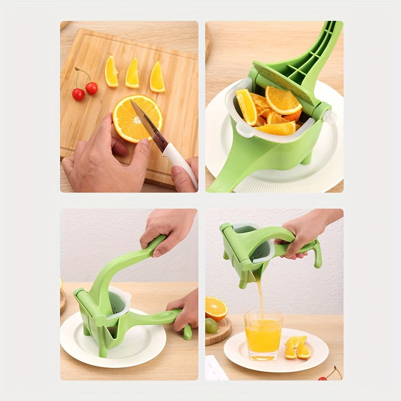 Multifunctional manual citrus press, compact and portable, juice extraction without electricity, for fruits and lemons, made of durable plastic.