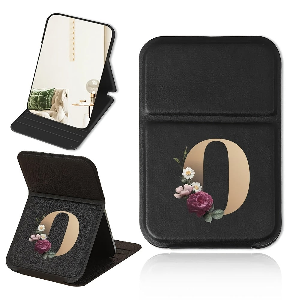 Portable folding makeup mirror, black and gold floral design, lightweight, waterproof and dustproof, perfect gift for teachers and loved ones.