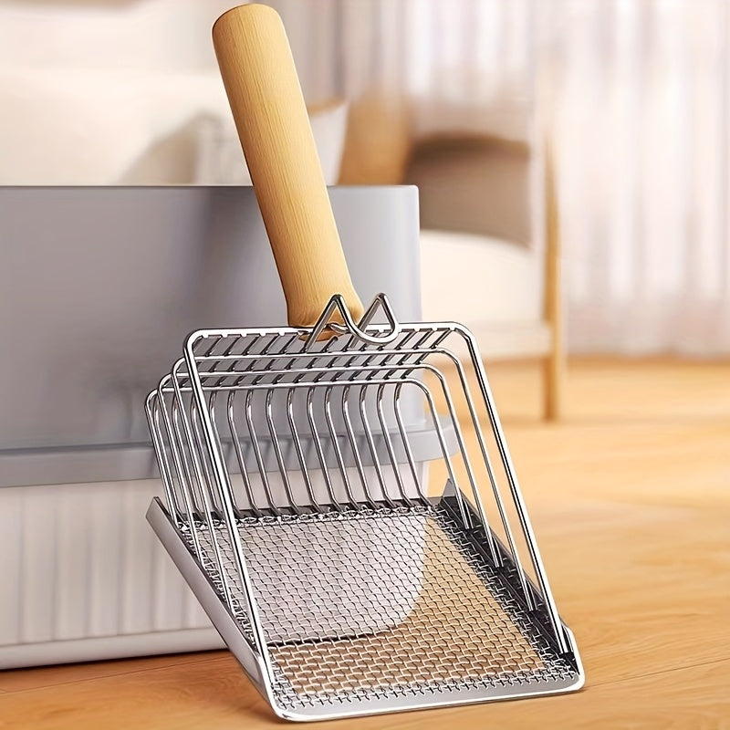 Pelle à litière 2-en-1 en acier inoxydable, tamis double (grossier et fin), outil polyvalent pour sable de chat, plage ou coquillages.