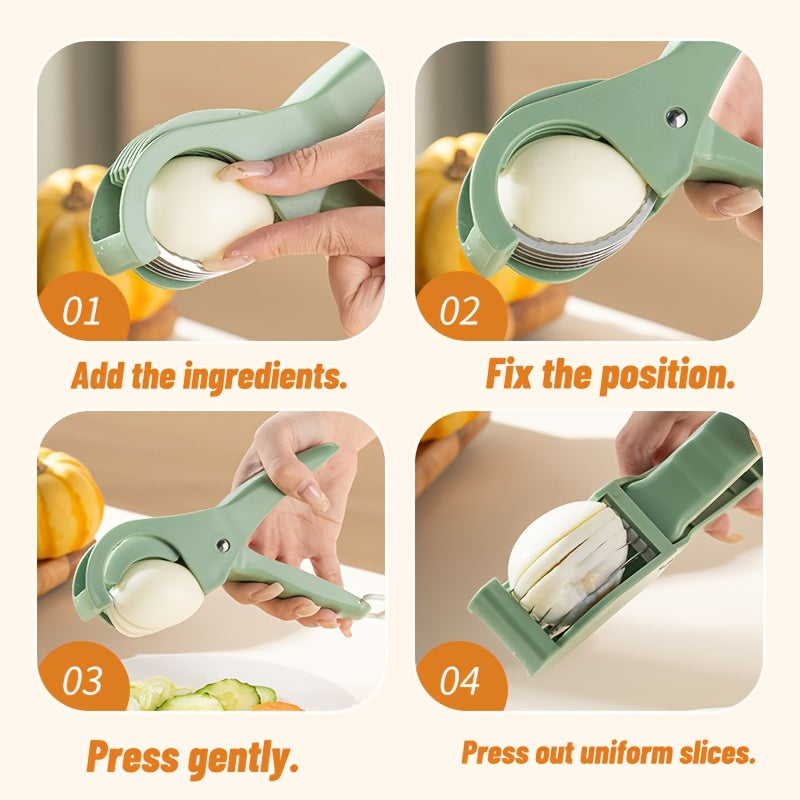 Coupe-légumes et fruits multifonction manuel, design ergonomique vert, lames en acier inoxydable réglables, corps en polypropylène durable, idéal carottes, concombres et tomates.