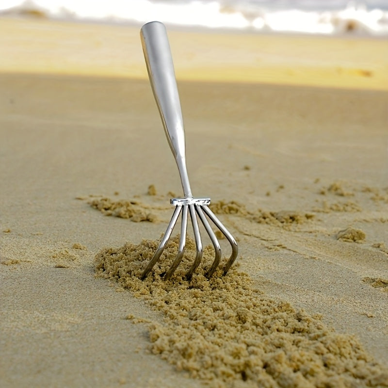 Râteau de jardin en acier inoxydable à 5 dents, manuel, résistant à la rouille, pour feuilles, niveler sol et désherber, usage domestique ou professionnel.