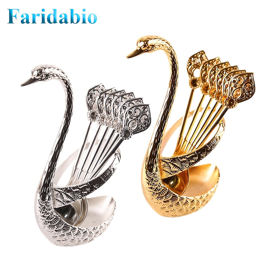 Gold and Silver Alloy Spoon Set: Elegant, rustproof and durable, with decorative swan stand, ideal for cafes, desserts, restaurants or gifts.