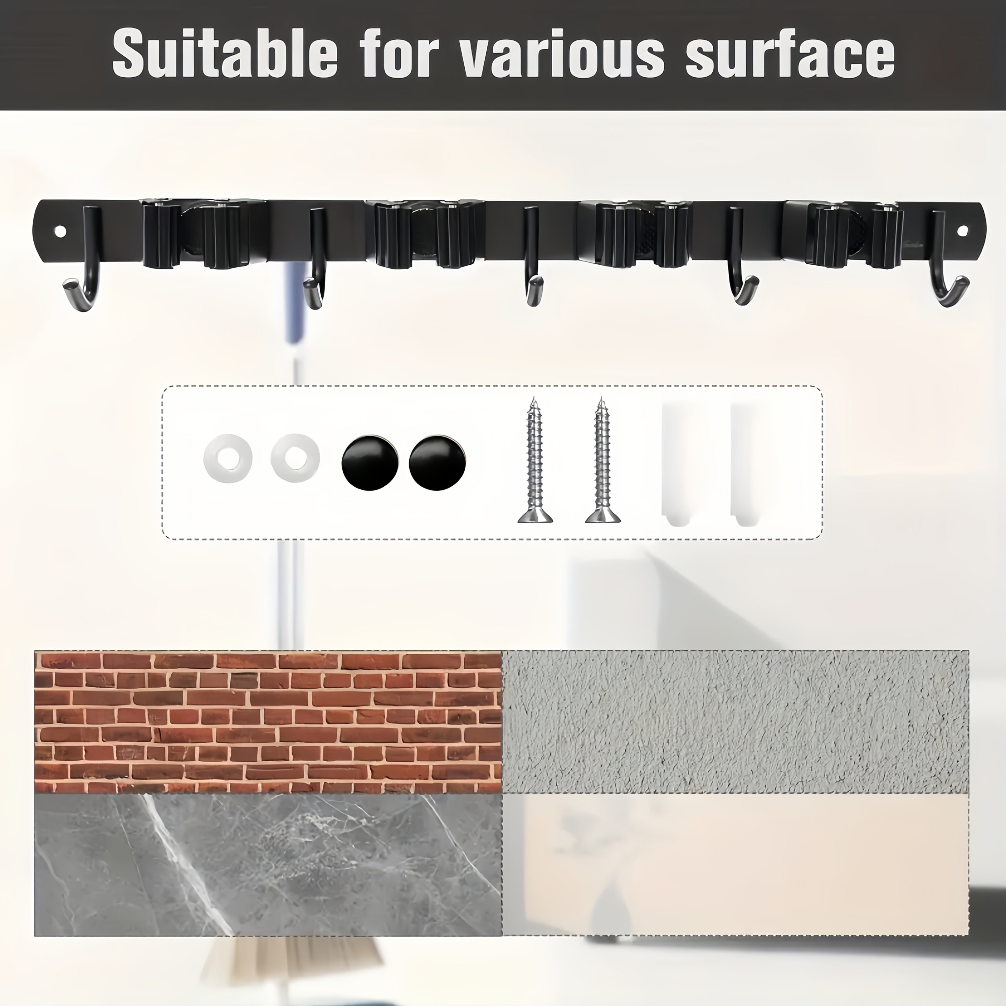 Organisateur mural en acier inoxydable, 4 emplacements et 5 crochets, rangement polyvalent pour outils jardin, balais, garage, robuste et gain de place.