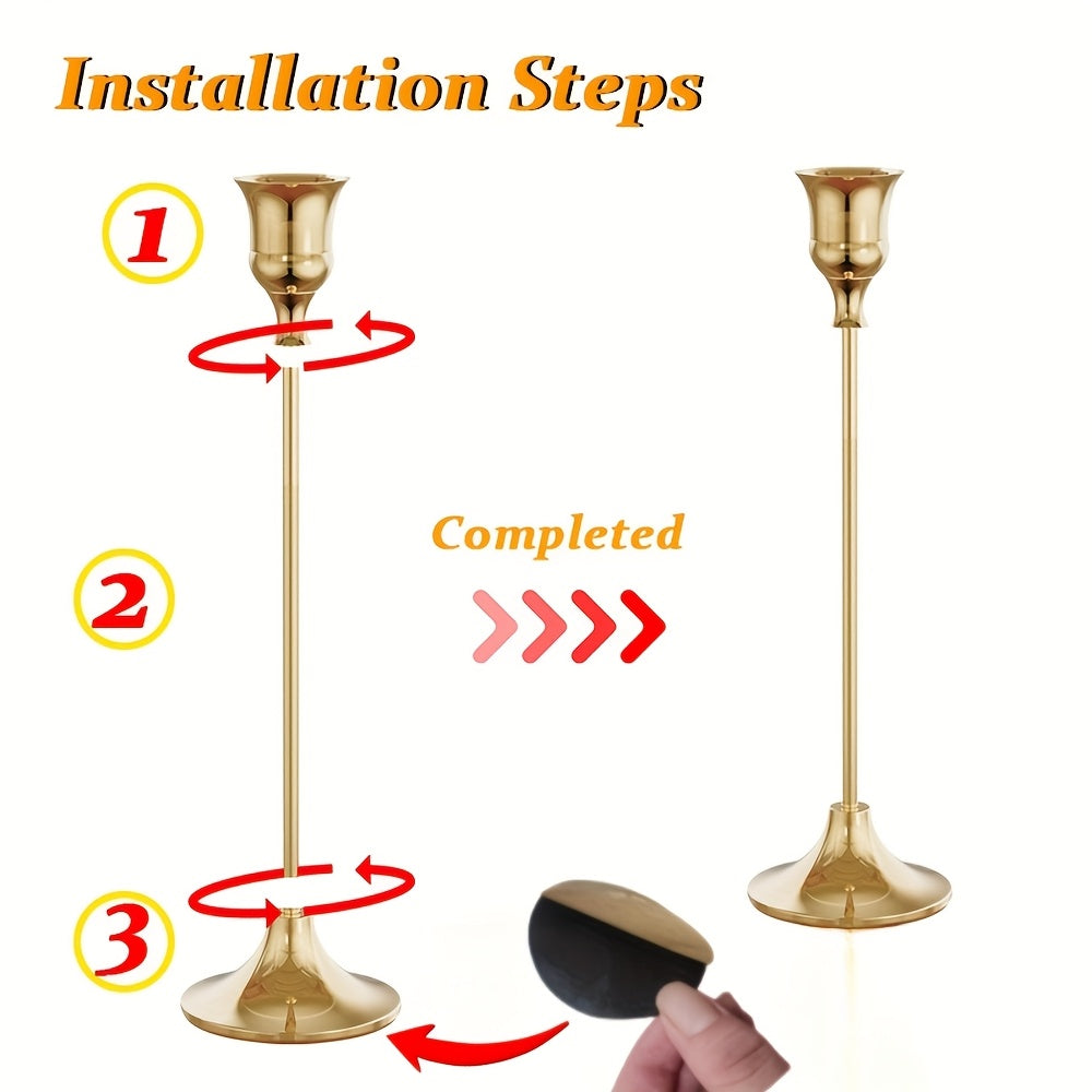 طقم من 3 حوامل شموع أنيقة من النحاس المطلي بالذهب. تصميم معدني مصقول، مثالي لحفلات الزفاف أو العشاء أو لتزيين المنزل، الشموع غير متضمنة، تصميم عصري ومتين.
