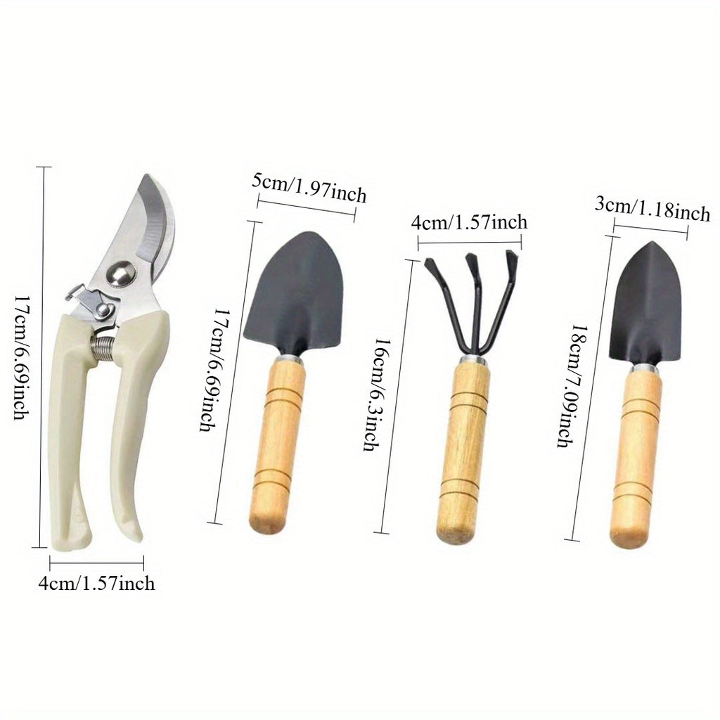 Set de 4 outils de jardin : sécateur, truelle, râteau et pelle, poignées en bois ergonomiques, parfait pour planter et désherber balcon et jardin.