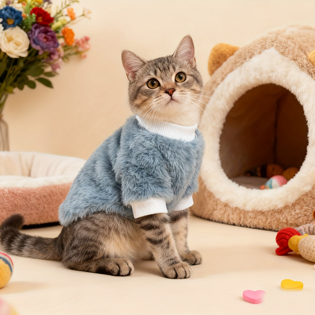 Pull en peluche confortable pour chats petits et moyens, chaud, motifs tigré/tortue, lavable à la main, idéal Noël et toutes saisons.