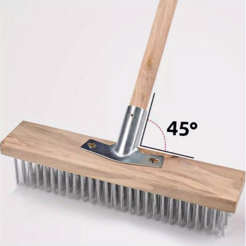 Brosse de sol en fil d’acier robuste, poignée ergonomique, idéale pour nettoyer surfaces métalliques, jardins et extérieurs sans électricité.