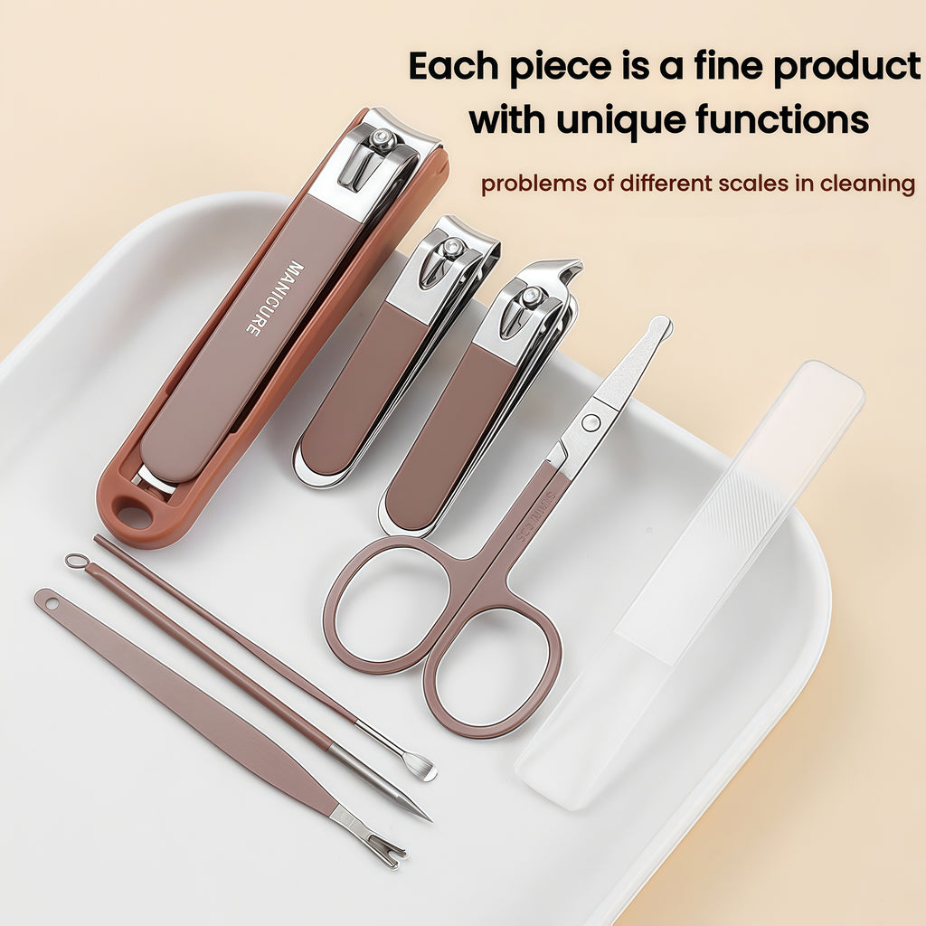 Set de 8 coupe-ongles en acier inoxydable avec boîte de rangement, étanche et portable, parfait pour soins personnels et voyage.