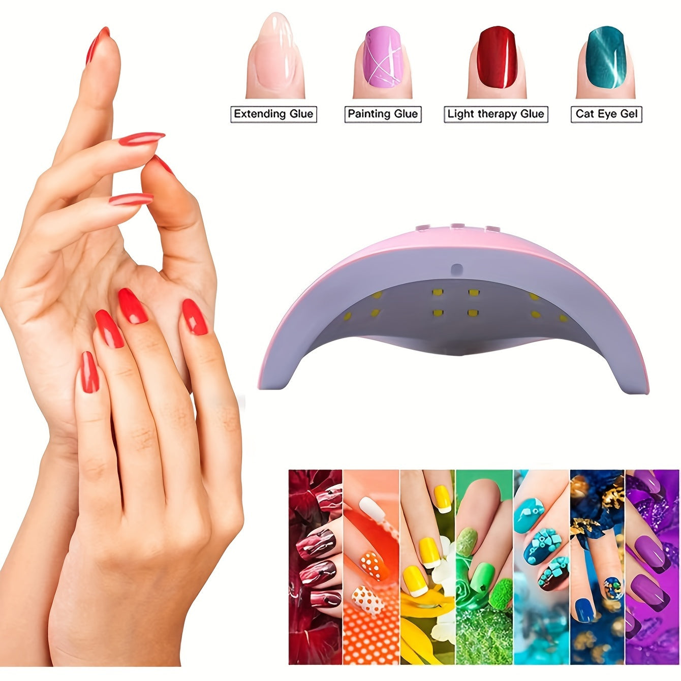 Kit nail art complet avec lampe UV USB, polisseuse, outils cuticules et séparateurs de doigts, idéal pour manucure à domicile.