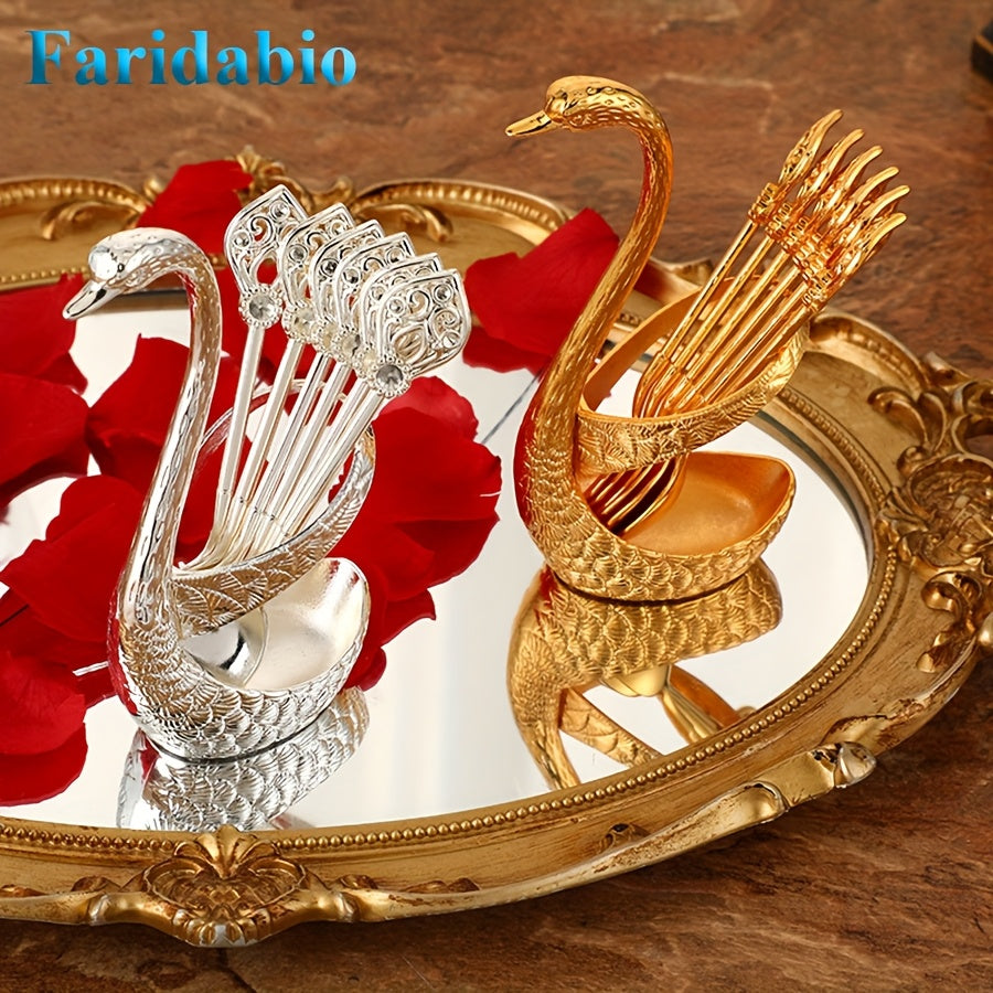 Gold and Silver Alloy Spoon Set: Elegant, rustproof and durable, with decorative swan stand, ideal for cafes, desserts, restaurants or gifts.
