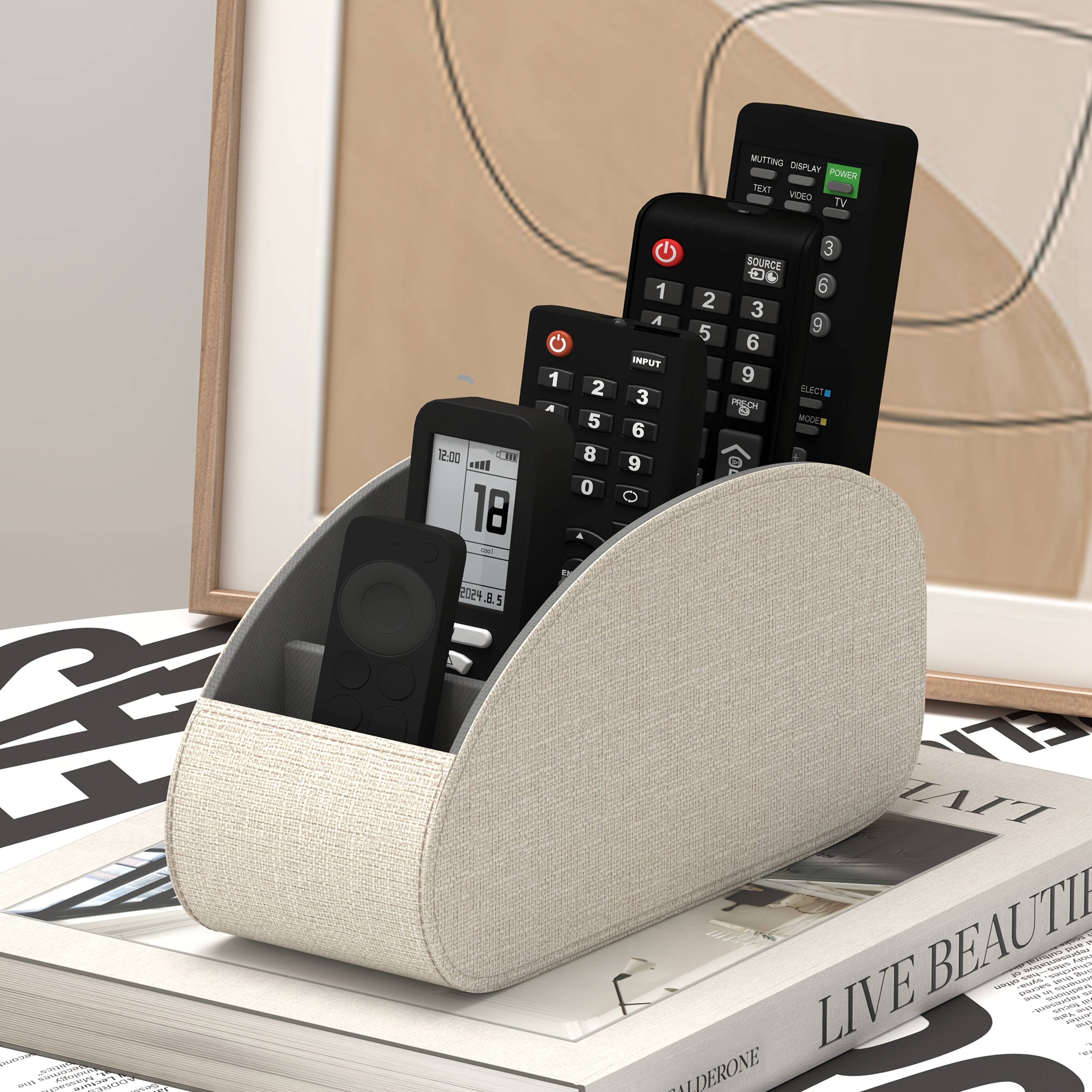 Remote control organizer with 5 compartments, compatible with TV and set-top boxes, space-saving tray for living room, office or bedroom, practical storage for accessories.