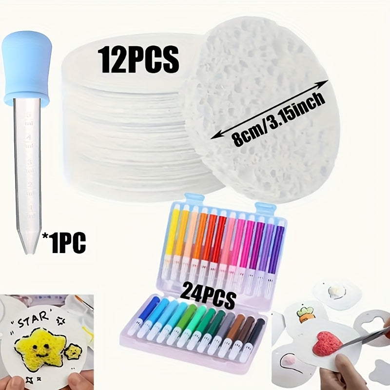 ورق رسم ثلاثي الأبعاد ذو ملمس مميز، 24/12 قطعة (3.15 × 3.15 سم) مع 24 قلم تلوين مائي وقطارات، مثالي للفن الإبداعي والأعمال اليدوية.