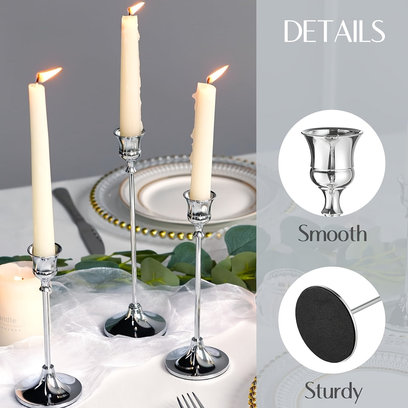 طقم من 3 حوامل شموع أنيقة من النحاس المطلي بالذهب. تصميم معدني مصقول، مثالي لحفلات الزفاف أو العشاء أو لتزيين المنزل، الشموع غير متضمنة، تصميم عصري ومتين.