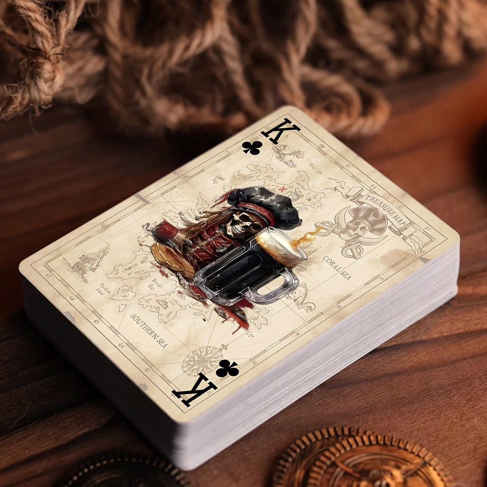 Cartes de poker vintage thème pirate STRUBLFE, double face antidérapantes, embossage quatre couches, design crâne et géométrique, accents dorés, idéal soirées familiales et jeux.