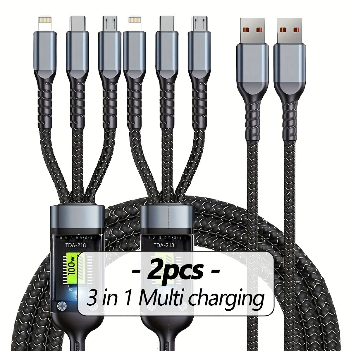 3-in-1 multi-USB charging cable, braided nylon, Type-C and Micro USB ports, fast charging, compatible with phones and tablets, convenient and durable.