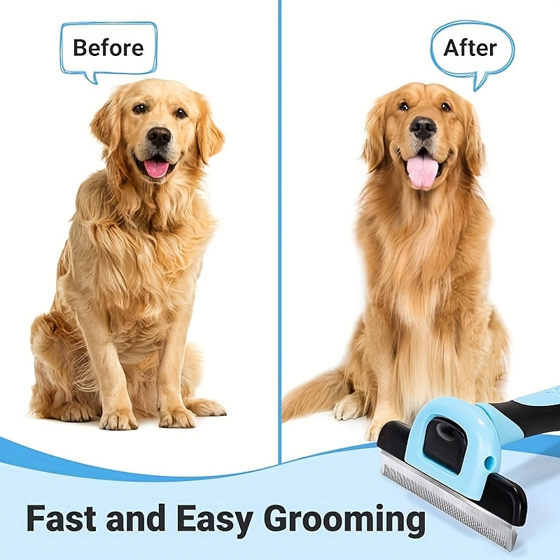 Professional pet deshedding brush. Reduces hair by 95%, ergonomic, electricity-free, blue and black design, for all breeds.