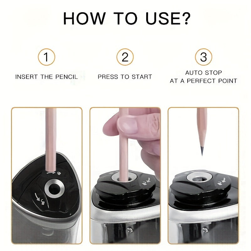 Taille-crayon électrique automatique, arrêt automatique et anti-casse, compact et élégant, aiguise rapidement, idéal bureau avec réservoir intégré.