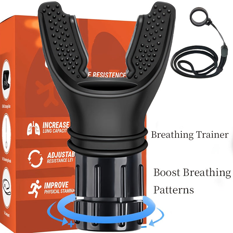 Adjustable breathing trainer with resistance levels, portable device to improve lung capacity, ideal for lung health, asthma and COPD.