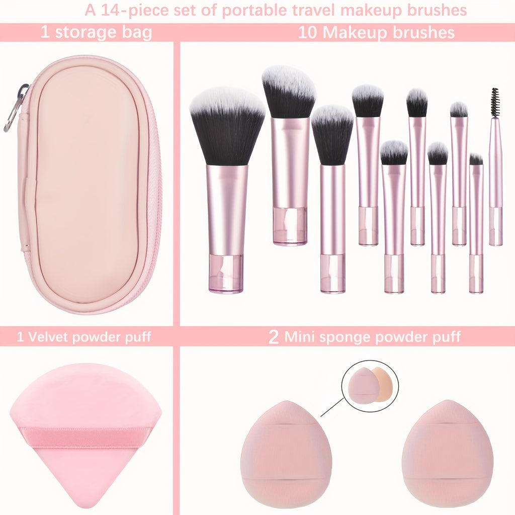 Set portable de pinceaux de maquillage avec éponge et houppette, parfait pour un kit complet d’outils cosmétiques en voyage.
