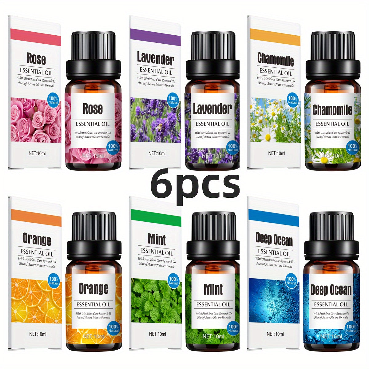 Coffret d’huiles essentielles Lavande, citron, menthe, camomille, mer profonde et rose, parfait pour diffuseurs et humidificateurs, aromathérapie relaxante.