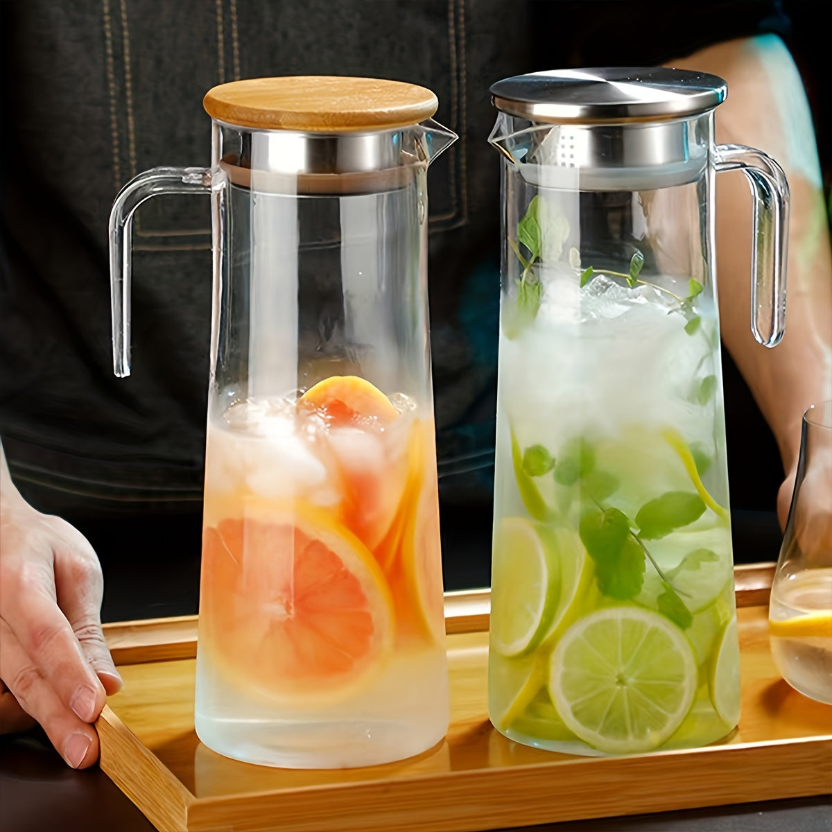 Juice Pitcher with Handle (1 pc): Large capacity, heat resistant, ideal for iced tea, drinks, lemon water, home or office use.