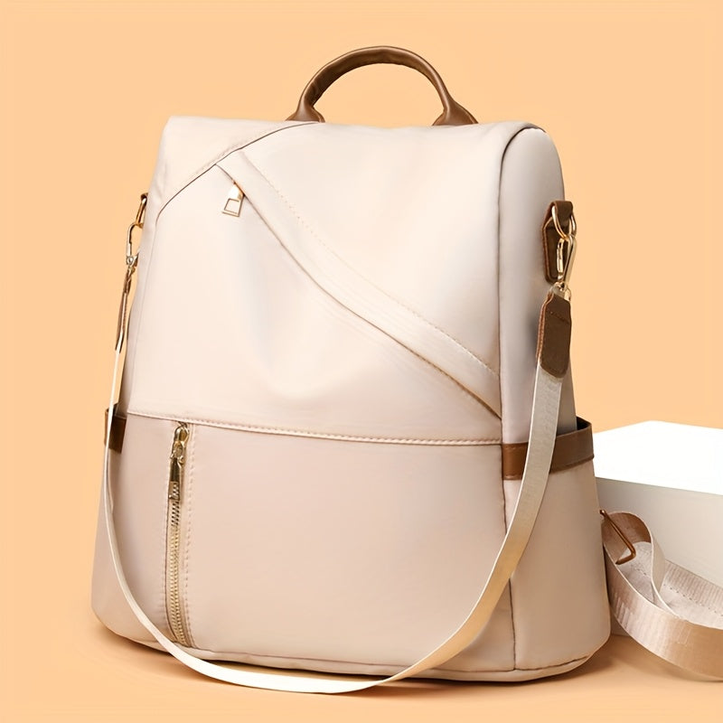 Large capacity women's backpack, soft nylon, solid color, practical for travel, work or computer, zipper and multiple pockets.