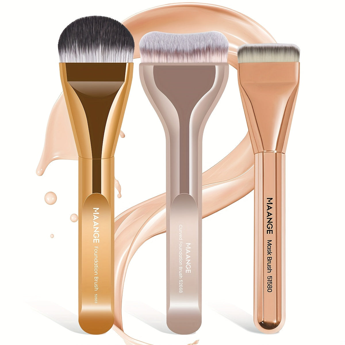 MAANGE 3-piece set: aluminum makeup brushes, Kabuki foundation brush, soft and thick bristles, beginners, portable and easy to use.