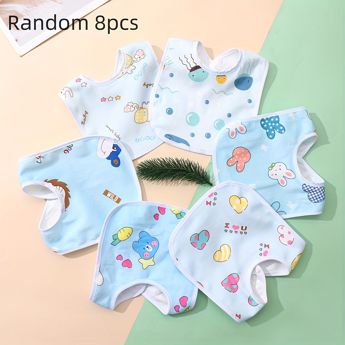 Random set of 8 or 10 crystal velvet bibs, pink and blue, U-shaped with pocket, ideal for baby meals.