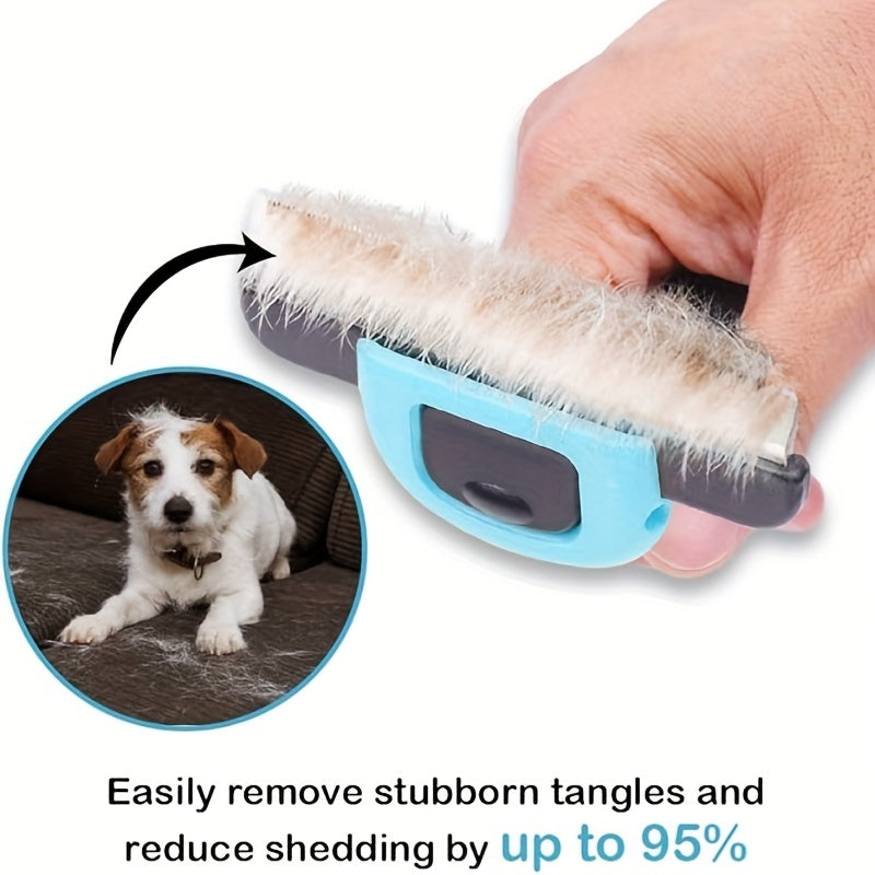 Professional pet deshedding brush. Reduces hair by 95%, ergonomic, electricity-free, blue and black design, for all breeds.