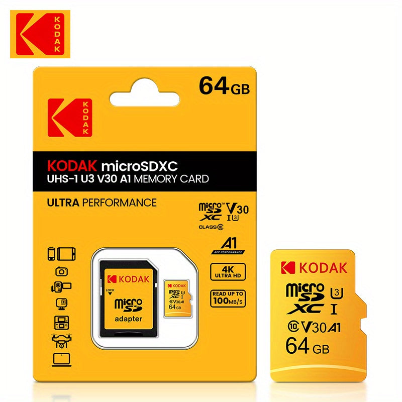Carte Mémoire Kodak Micro TF U3 : Capacités 32 à 256 Go avec adaptateur SD, UHS-I haute vitesse, idéale 4K/120fps, compatible smartphones et caméras.