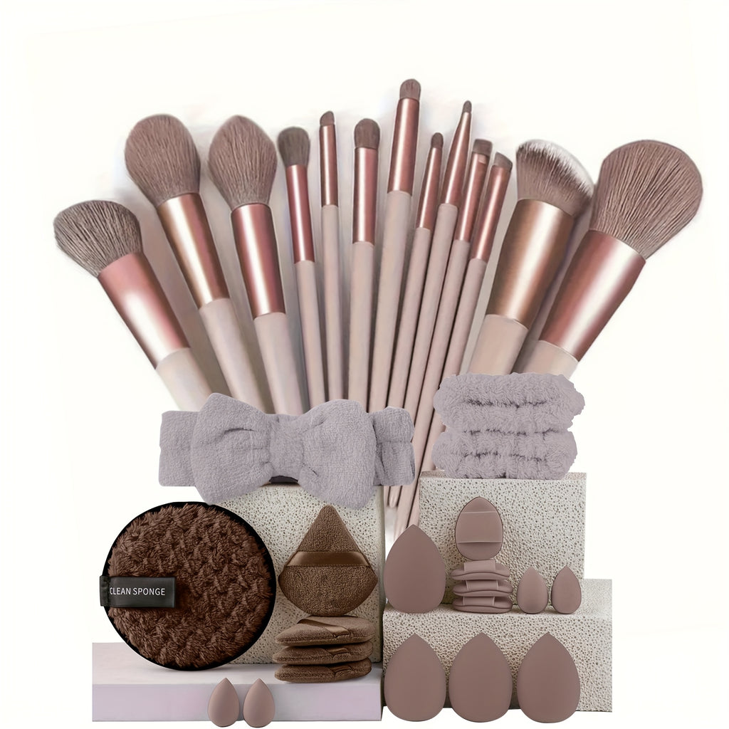Set maquillage professionnel 13/20/33 pièces avec accessoires : pinceaux nylon, bandeau, éponges et accessoires pour application précise et complète.