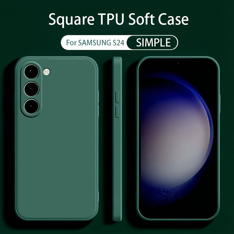Square silicone case with straight edges for Samsung Galaxy, offering shock protection, secure grip and modern minimalist design.