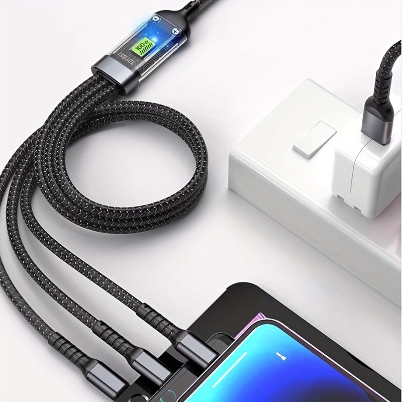 3-in-1 multi-USB charging cable, braided nylon, Type-C and Micro USB ports, fast charging, compatible with phones and tablets, convenient and durable.