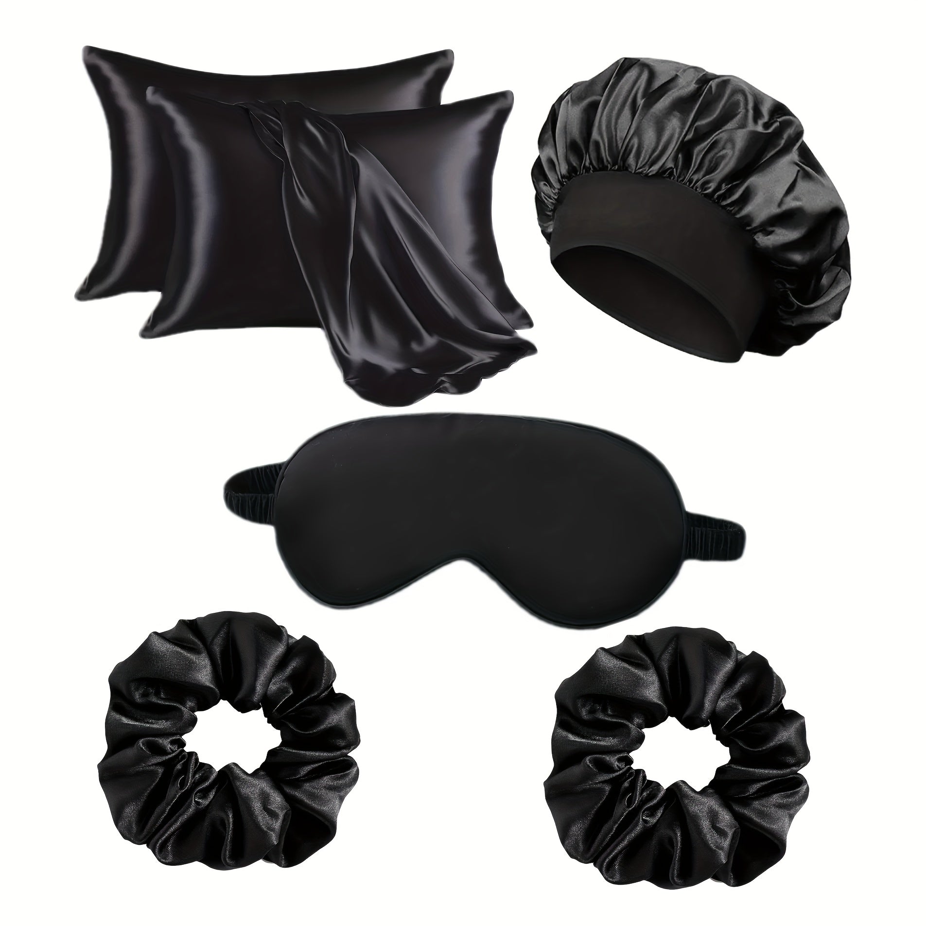 Lot de 6 accessoires capillaires femme : taies satin, bonnet de nuit détachable, masque yeux respirant, bandeau large avec nœud.